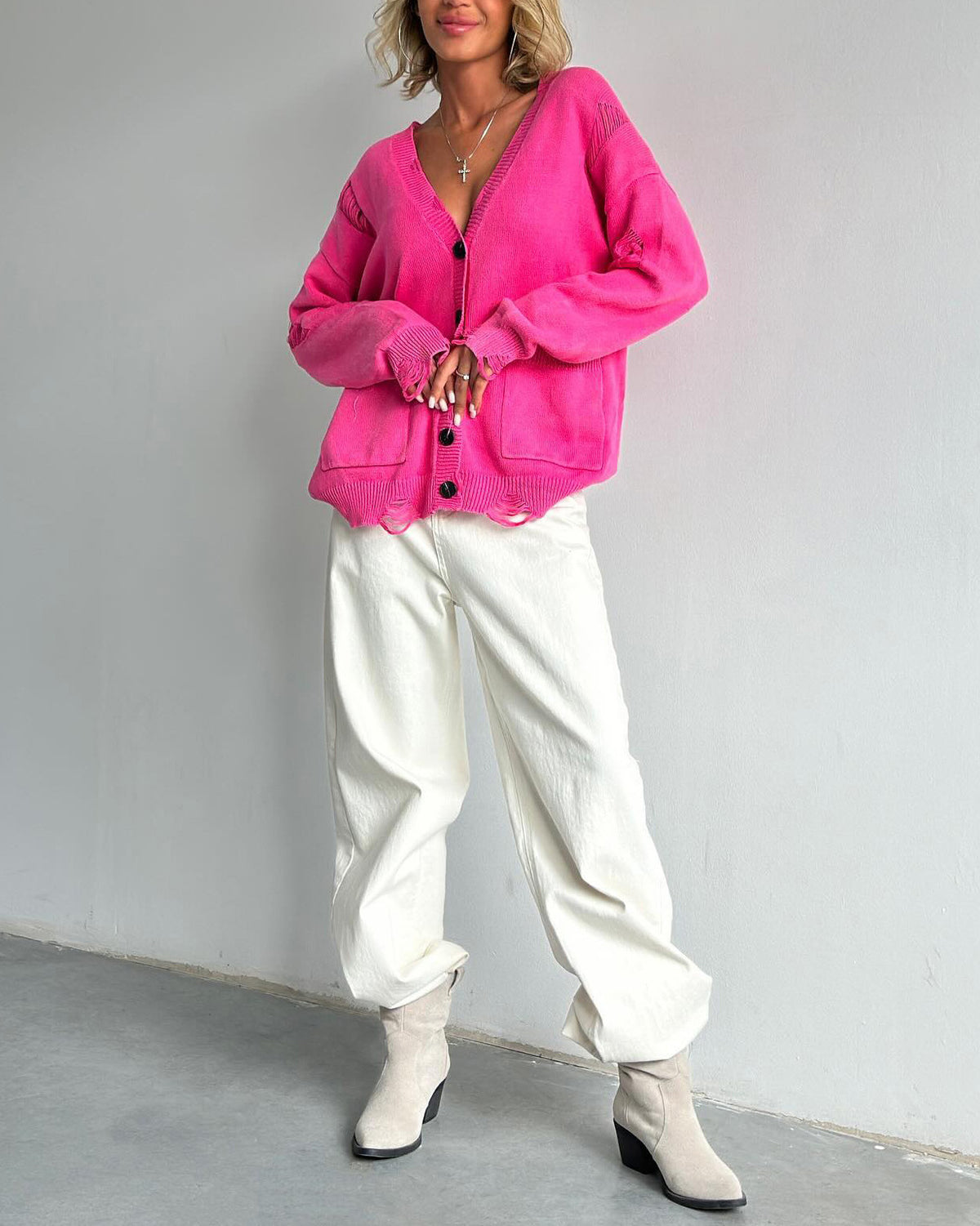 Cozy distressed deep V-neck single-breasted loose wool cardigan