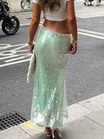 Light Green Sequined mesh high-waist slim skirt