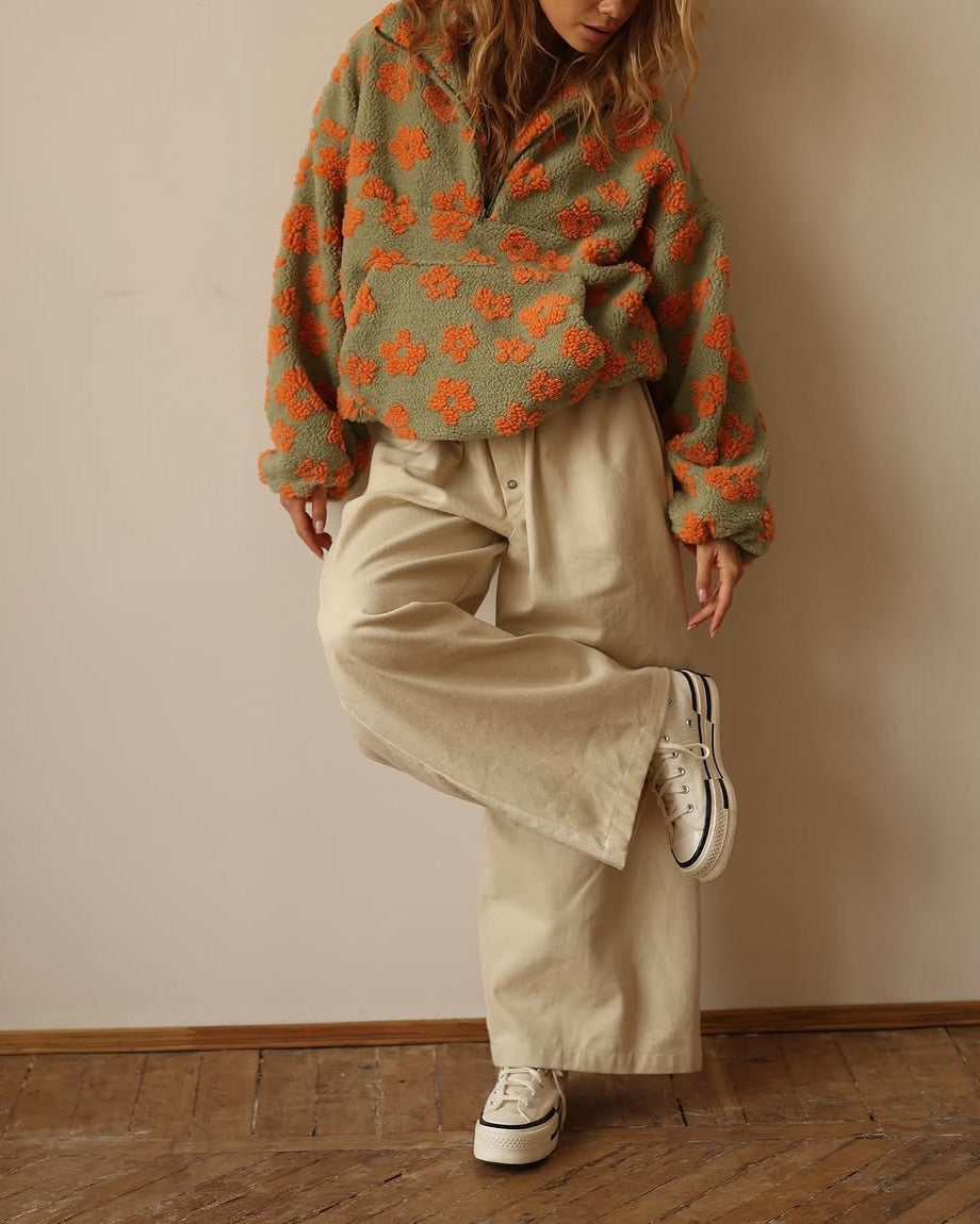 Faux Sherpa Print Kangaroo Pocket Loose Zip Top