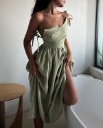 Trägerloses, rückenfreies Kleid aus reiner Baumwolle mit V-Ausschnitt