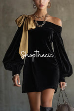 Gold bow lantern sleeves Off-the-shoulder dress