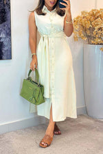 Sleeveless Belted Button-Up Midi Shirt Dress