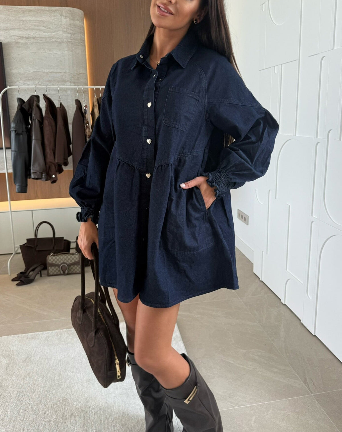Button-Down Lantern Sleeve Denim Shirt Dress