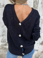 Reversible hollow leaf pattern V-neck long-sleeved knitted sweater