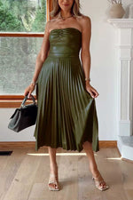 Wrap-around pleated midi leather dress