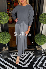 Solid color crew neck long-sleeved sweater and loose skirt two-piece set