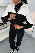 Color-blocked zipper fleece long-sleeved hooded jumpsuit