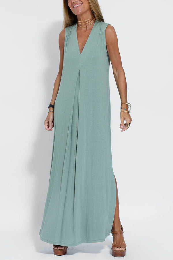 Elegant V-neck Sleeveless Long Dress Matching Vest Cardigan