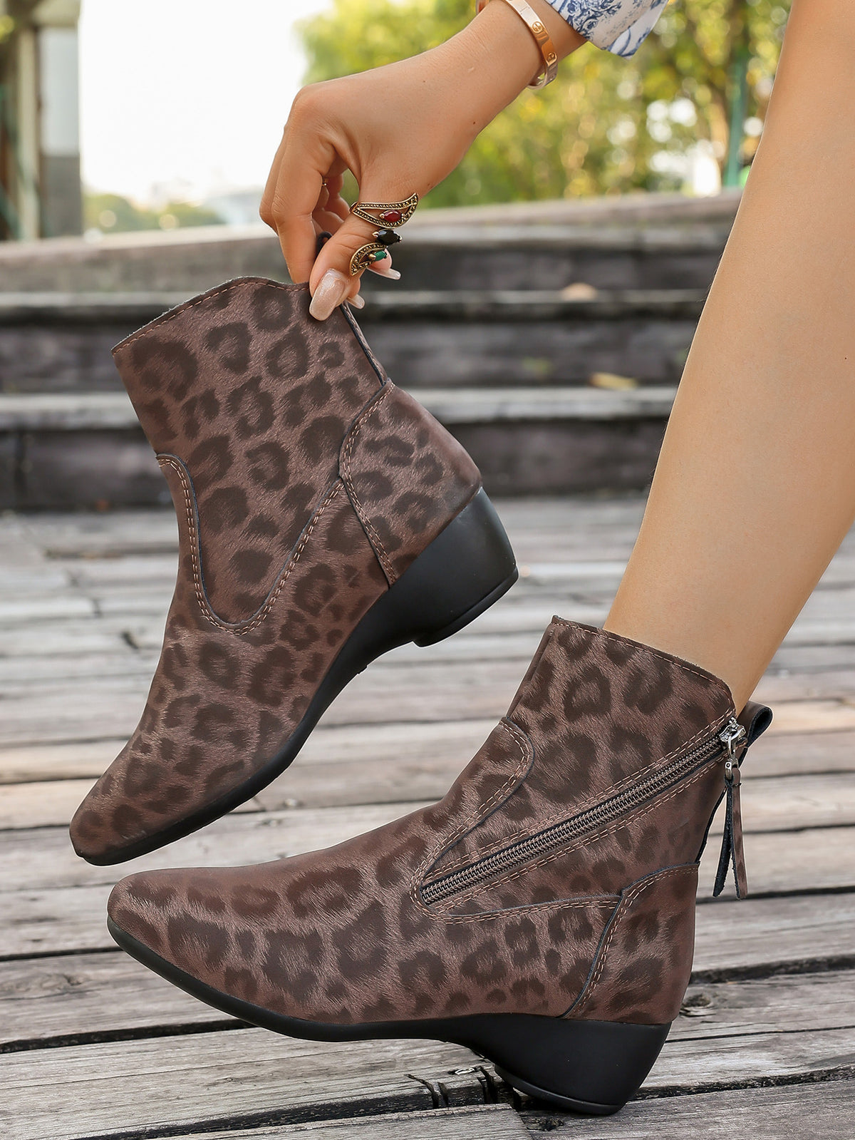 Suede leopard block heel side zipper Martin boots