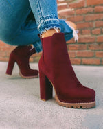 Suede round-toe leopard print chunky high-heeled short riding boots