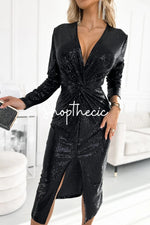 Elegant long-sleeved V-neck pleated sequined slit dress