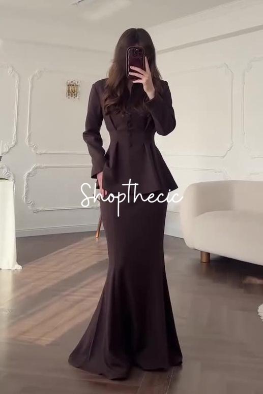 Retro-style feminine long-sleeved V-neck fitted top and bodycon long skirt set