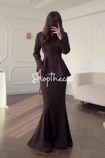 Retro-style feminine long-sleeved V-neck fitted top and bodycon long skirt set