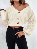 V-neck drop shoulder sleeve button-down cropped knitted cardigan