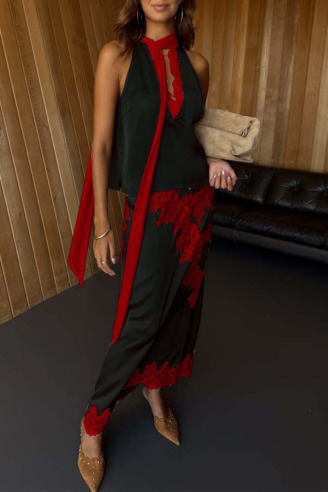 Satin paneled sleeveless top and skirt two-piece set