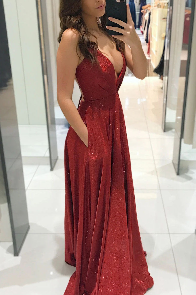 Deep V-neck Pockets Spaghetti Strap Backless Dress