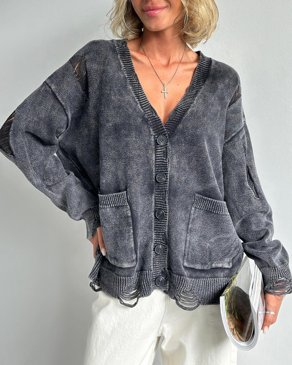 Cozy distressed deep V-neck single-breasted loose wool cardigan