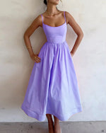 Solid color U-neck waist pleated Sling Dress