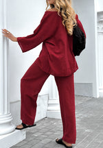 Solid color round neck linen cotton top with lace-up loose pants two piece set