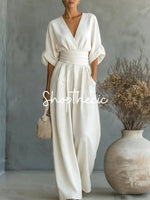 Elegant solid color fitted waist V-neck jumpsuit
