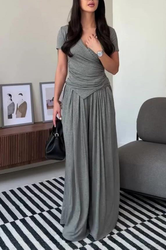 Tie-strap short-sleeved top and wide-leg pants two-piece suit