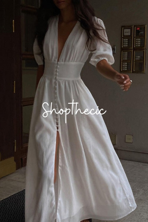 Elegant white short puff sleeved fitted slit maxi dress