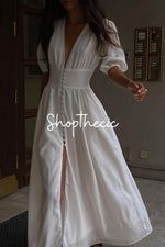 Elegant white short puff sleeved fitted slit maxi dress
