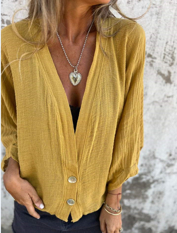 Low-cut V-neck button-down cotton and linen shirt