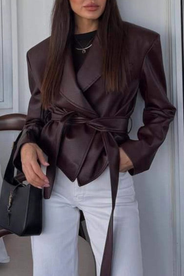 Trendy belted short leather motorcycle jacket