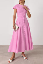 Chic button design Short-sleeved top A-line maxi skirt Two-piece suit