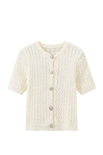 Slim-fit round neck knit short-sleeved cardigan