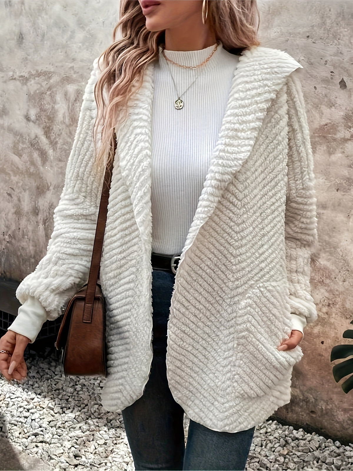 White Wavy Double-Faced Fleece Hooded Cardigan