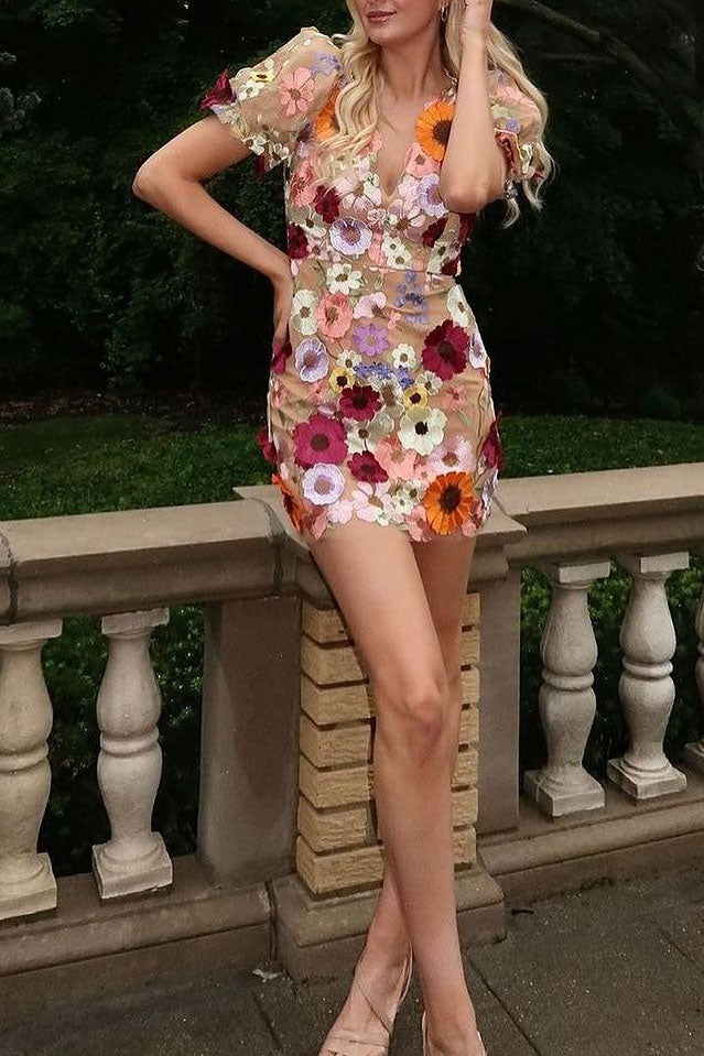 V-neck 3D Floral Lantern Sleeve Bodycon Dress