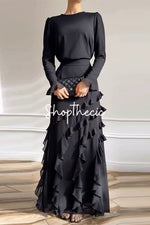 Long-sleeved top with ruffled hem and fitted long skirt two-piece set