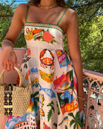 Sling graffiti print sleeveless wide hem dress