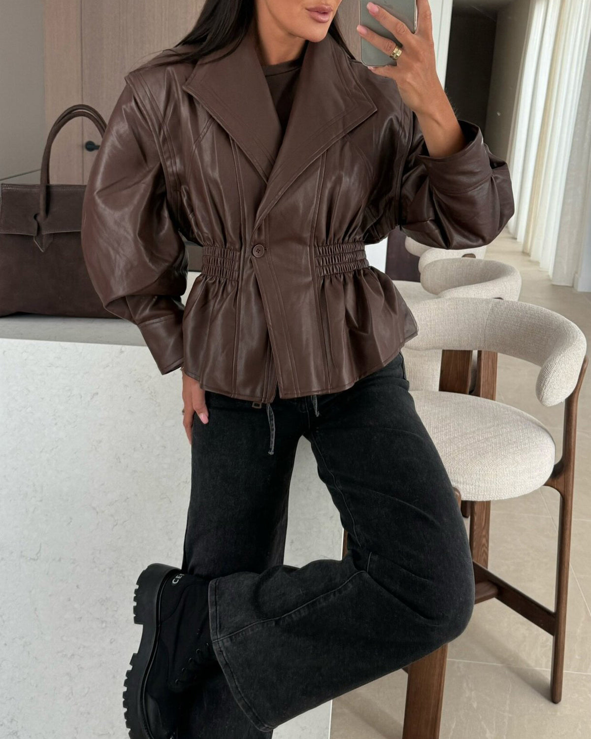 Classic lapel waist cropped PU jacket