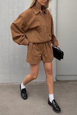 Vintage loose brown suede lapel jacket and shorts two-piece set