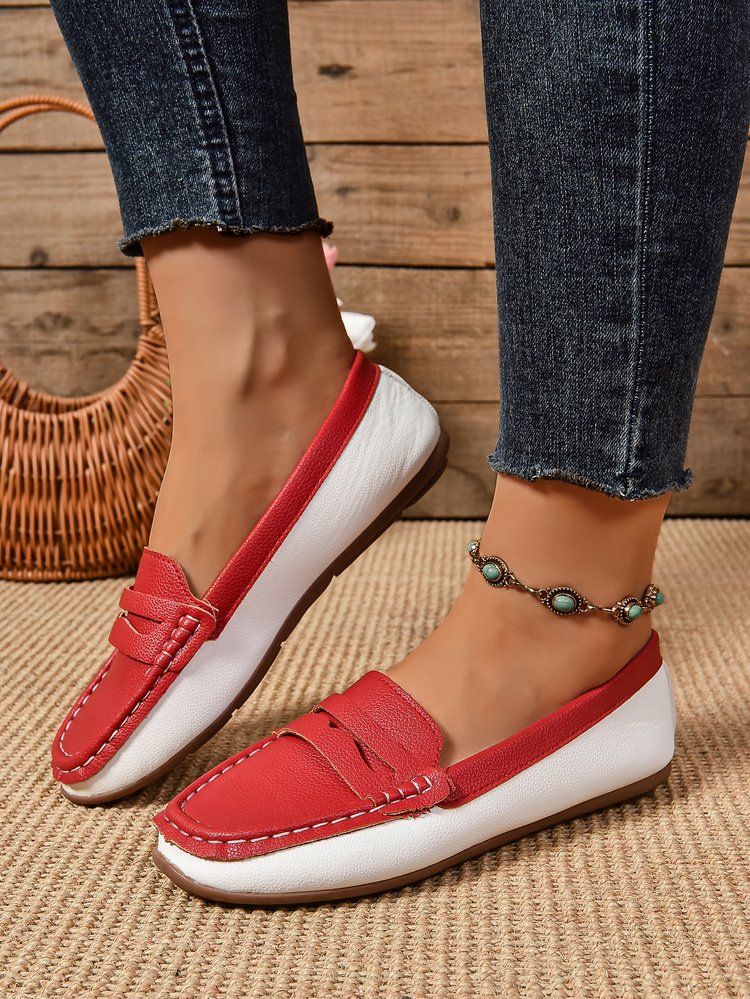 Red and white stitching rubber sole loafers