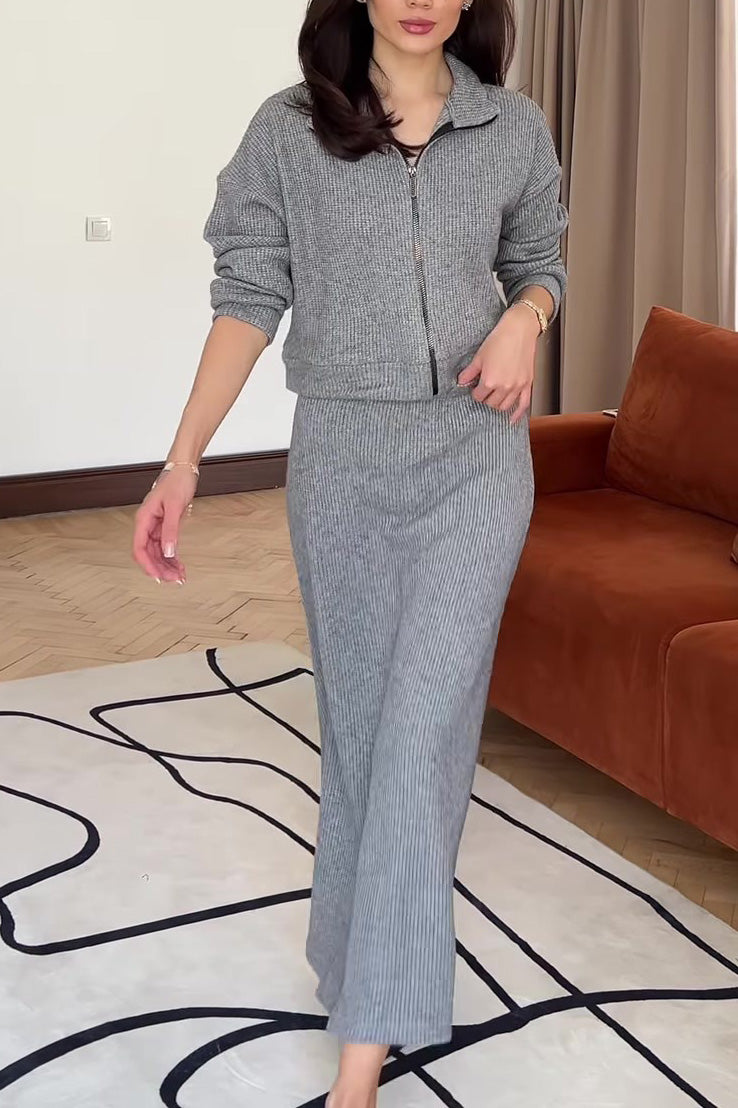 Solid color knit lapel zip-up top and maxi skirt two-piece set