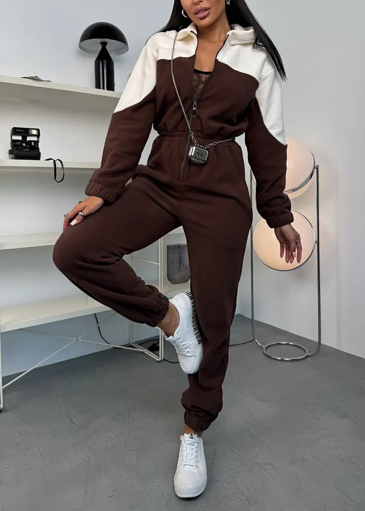 Color-blocked zipper fleece long-sleeved hooded jumpsuit