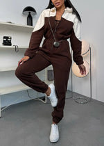 Color-blocked zipper fleece long-sleeved hooded jumpsuit