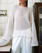 See-through thin scoop neck flared sleeve knitted T-shirt