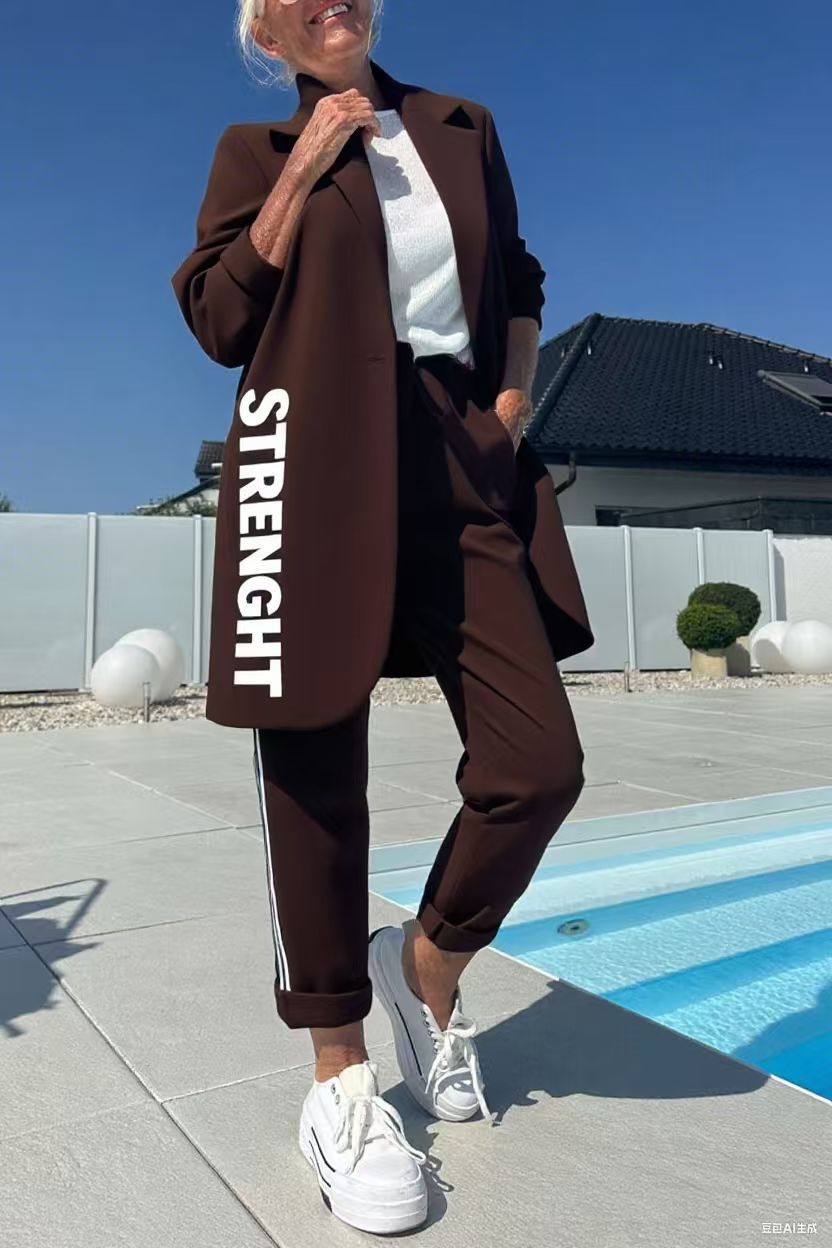 Mid-length letter-printed trench coat and trousers two-piece set