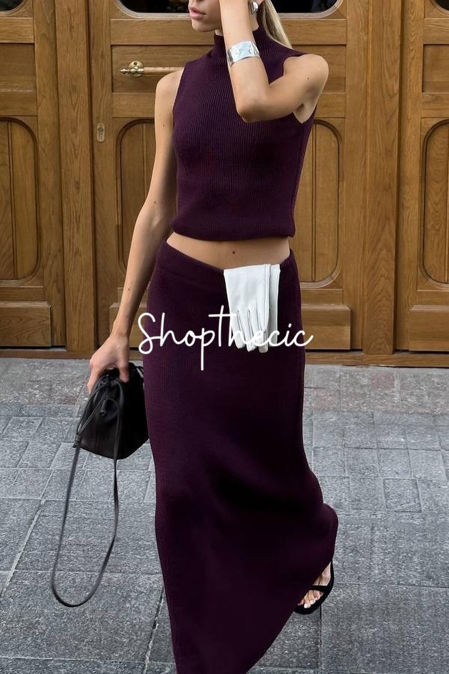 Sleeveless turtleneck knitted vest bodycon maxi skirt set