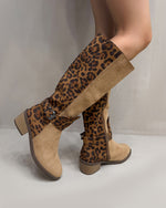 Suede upper with leopard back round toe thick heel boots