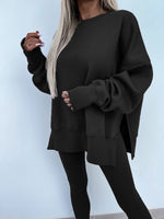 Loose long-sleeved round neck slit top and tight pants two-piece set