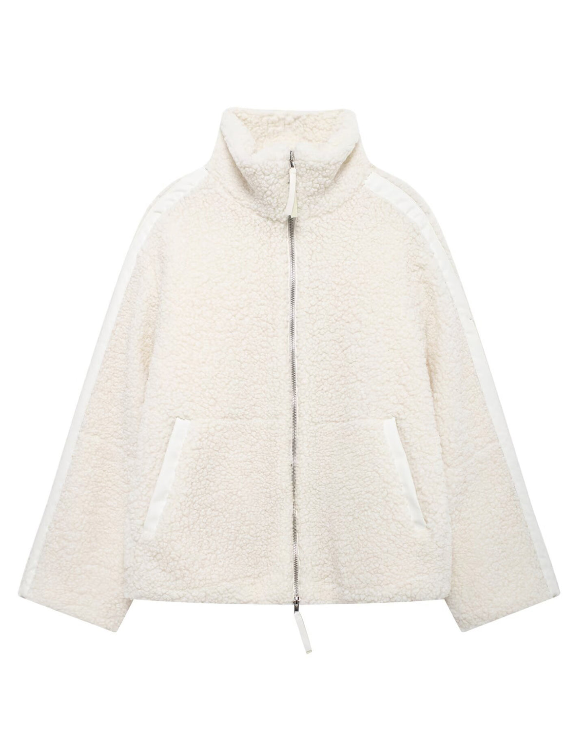 Lockere Fleece-Strickjacke mit Stehkragen und doppelseitigem Reißverschluss