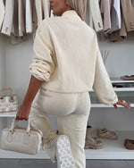 Button-down stand-up collar sweatshirt jacket and trousers Two-piece set