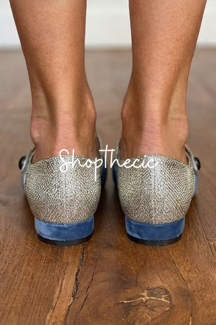 Eleganti ballerine patchwork con fibbia e cinturino sul collo del piede in velluto blu