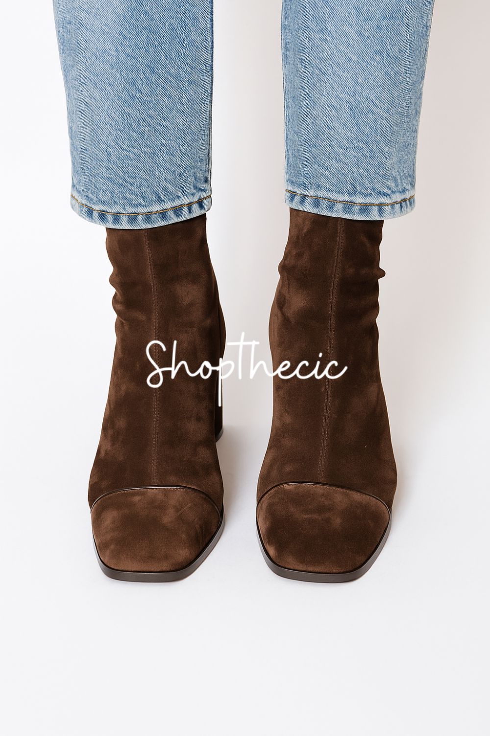 British style suede high-heeled low-top square toe boots